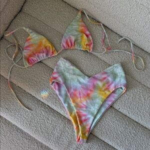 SKATIE Bikini Set in Tie Dye Rainbow (Medium Top, XS Bottom)